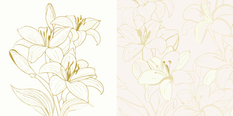 Elegant golden outline of lilies on a white background and a seamless floral pattern with pale yellow lilies