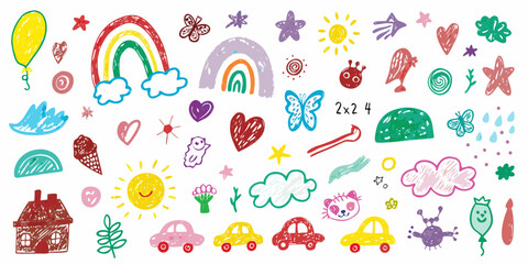 Collection of colorful hand drawn childlike doodles of nature objects animals and vehicles on a white background