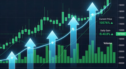 Dynamic Digital Finance Chart: Upward Arrows, Candlestick Patterns, and Growth Trends for Stock or Crypto Market Investment Success
