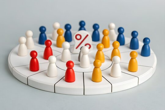 Circular board with evenly distributed colored game pawns and central red percentage symbol – Conceptual metaphor for data segmentation, demographic analysis, and equal distribution, business - Powered by Adobe