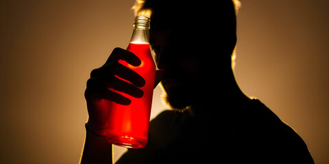 Silhouette of a man holding a bottle of red liquid illuminated with a soft warm light coming from behind the subject against a blurred background.