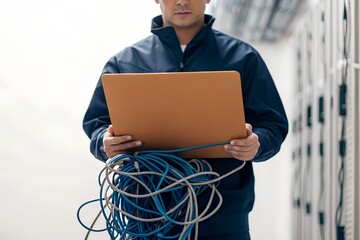 IT technician holding laptop and network cables in server room – Conceptual symbol of digital infrastructure, data management, and technical operations, business, abstract, technology, strategy