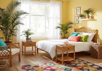 A serene and vibrant bedroom oasis with yellow walls, woven rattan furniture, and numerous potted palms creating a tropical feel
