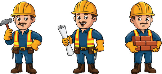 Cartoon construction workers, builder with hammer, worker holding blueprint, mason carrying bricks, construction character, cartoon builder, site engineer, laborer