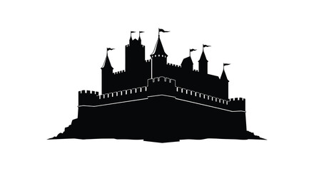 a medieval castle silhouette with towers flags and battlements