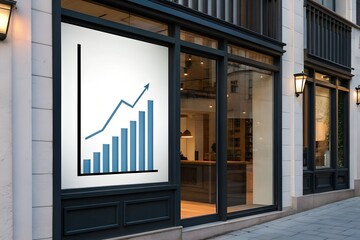 Window graphic with upward bar chart and arrow on glass commercial building facade – Business growth symbol and financial success concept in urban setting, business, abstract, data, city, optimism