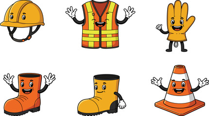 Cartoon safety equipment, construction protective gear illustration, helmet vest gloves boots cone, vector design, safety character artwork, industrial protection drawing