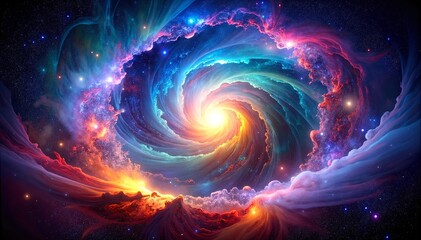 A vibrant, swirling nebula in the heart of space, showcasing a mesmerizing blend of blues, purples, and pinks, surrounded by distant stars.