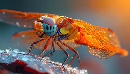 A vibrant dragonfly, adorned with intricate patterns of orange, yellow, and blue, rests delicately on a leaf covered in morning dew, showcasing the beauty of nature's detail.