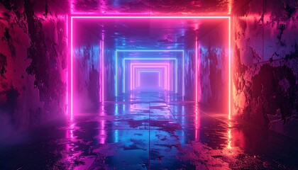 A vibrant, neon-lit corridor with wet pavement and weathered walls, evoking a futuristic and mesmerizing mood.