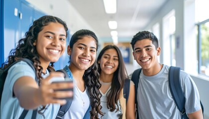 Diverse teens smile for a selfie in a bright school hallway, backpacks on, blue lockers, and natural light