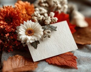 Fototapeta premium Blank card surrounded by fall leaves, ideal for Thanksgiving messages or invitations