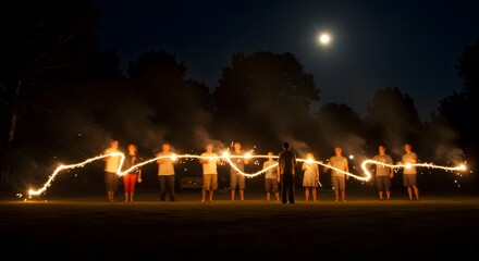 People holding light source outdoors at night with spark trail