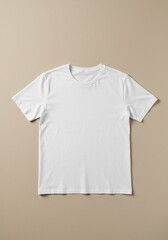Plain white crew neck t-shirt laid flat on a neutral beige background for design mockup template