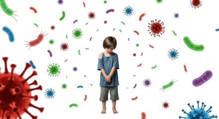 Vulnerable Sad Child Surrounded by Viruses and Bacteria modern illustration inspired by Vulnerable Sad