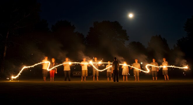 People holding light source outdoors at night with spark trail