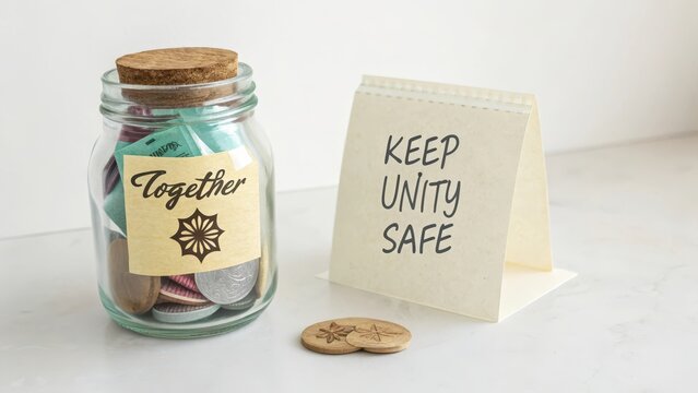 Jar of coins and reminder card about unity and togetherness