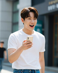 휴대폰을 들고 행복한 남성