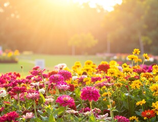 Fototapeta premium A vibrant field of colorful wildflowers sways gently in the breeze, illuminated by the warm, golden sunlight streaming from a clear blue sky.