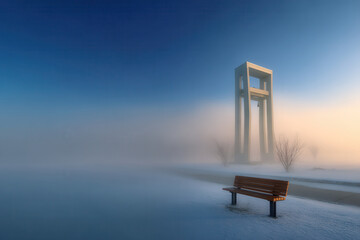 mystical winter morning reveals silhouette of bell tower engulfed in fog