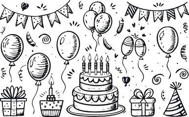 Hand drawn doodle elements for birthday celebration 
