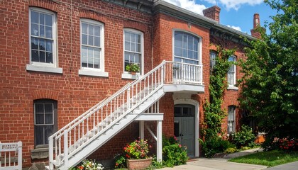 Exterior view of a charming red brick building, showcasing a set of white stairs leading to an upper level with a balcony and colorful flowers and plants in planters.