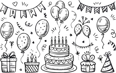 Hand drawn doodle elements for birthday celebration 
