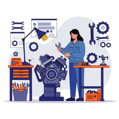 A female mechanic stands in a workshop holding a wrench, working on an engine with tools and diagrams around her.