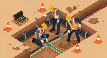 Isometric illustration depicting technician team working on underground fiber optic cable installation
