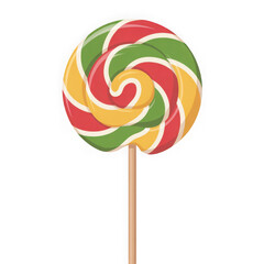 Colorful lollipop swirl on wooden stick isolated on white and transparent background