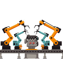 Illustration of an engine on a conveyor belt being worked on by four robotic arms in a factory setting.