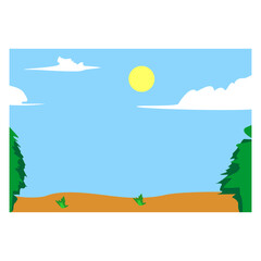 A simple cartoon landscape featuring a blue sky with the sun and clouds, a tan ground, and green trees on either side.