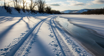 Obraz premium winter landscape with tire tracks on snowy riverbank