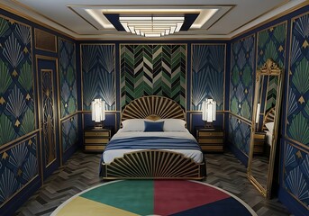 Fototapeta premium Luxurious Art Deco bedroom interior with opulent gold details, geometric patterns, and a sophisticated blue and green color scheme