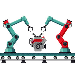 Two robotic arms assemble an engine on a conveyor belt in a modern industrial setting, illustrating automation and manufacturing.