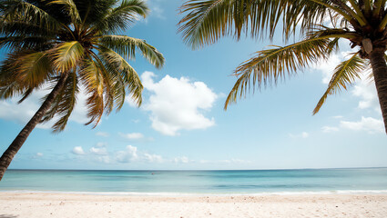 Obraz premium Tropical beach with turquoise water, palm trees, and clear sky. Perfect for travel, vacation, summer, paradise, relaxation, tourism, and scenic coastal concepts.