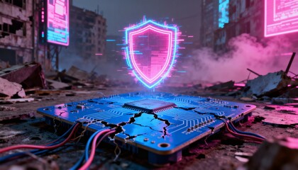 Neon Cybersecurity Shield Over Cracked Circuit Board