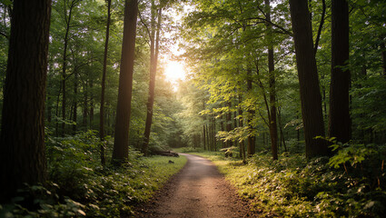 Obraz premium Forest trail with sunlight filtering through trees, ideal for hiking, nature exploration, outdoor adventure, wellness, eco travel, and scenic forest concepts.