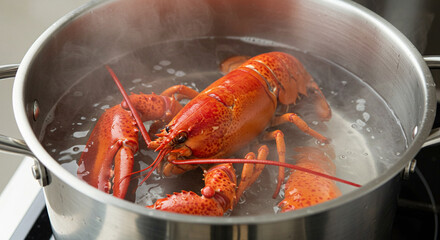 Lobster cooking in pot of boiling water overhead view vibrant colors