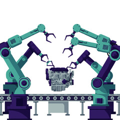 Four robotic arms assemble an engine on a conveyor belt in a factory setting, illustrating automated manufacturing.