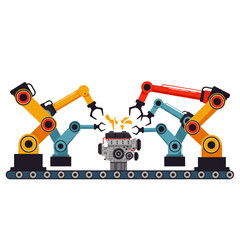 Four robotic arms assemble an engine on a conveyor belt, with sparks flying during the automated manufacturing process.