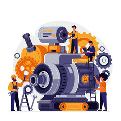 Illustration showing a team of mechanics repairing a large machine with gears, using tools and a ladder.