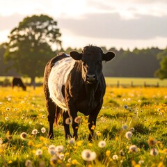 Cow in a field at sunset