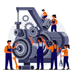 Illustration of a team of mechanics repairing a large industrial machine with gears, bolts, and various tools.