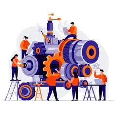 Illustration of people working on a large machine with gears, levers, and other mechanical components, possibly for repair or maintenance.