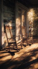 Tranquil veranda scene with antique rocking chairs basking in soft sunlight