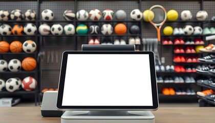A point-of-sale tablet with a blank screen sits on a store counter, displaying various sports equipment.