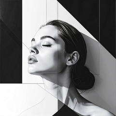 Female with Geometric line art in 8K resolution, sharp black and white contrast
