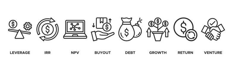 Private Equity banner web icon vector illustration concept with icon of leverage, irr, npv, buyout, debt, growth, return, and venture