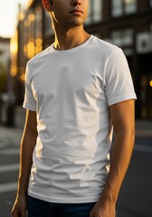 Young Black man in a plain white t-shirt mockup standing on a city street at sunset
